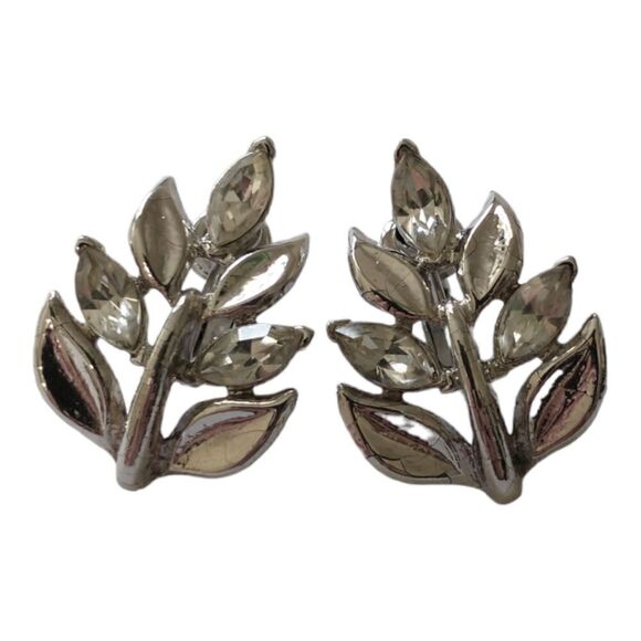 Crown Trifari Earrings Vintage Rhinestones Leaf Floral Silver Tone Clip On MCM. - Picture 3 of 16